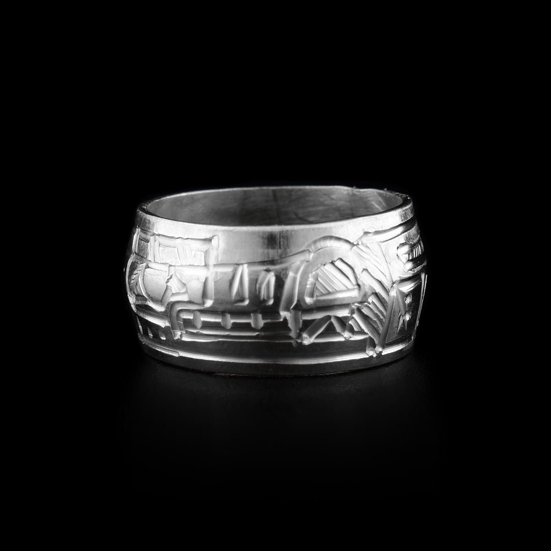 These bead charms are made from sterling silver and are round beads with a flat band. There is a depiction of the head of the Wolf carved around the piece with its nose, teeth, ears and eyes detailed.