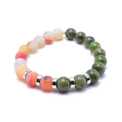 This jade charm bracelet has small, sphere shaped beads made from BC jade and multicolored agate (pink, yellow and white). Half is the piece is jade nd the other is agate. There are five rhodium plated spacers between the beads in the center of the piece. The spacers are round and flat.