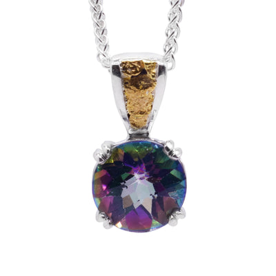This topaz pendant is circle shaped and has the colours pink, yellow, green, blue, red, and purple. The topaz is held in place by a sterling silver claw setting. The attached bail has 22k yellow gold nuggets on the front.