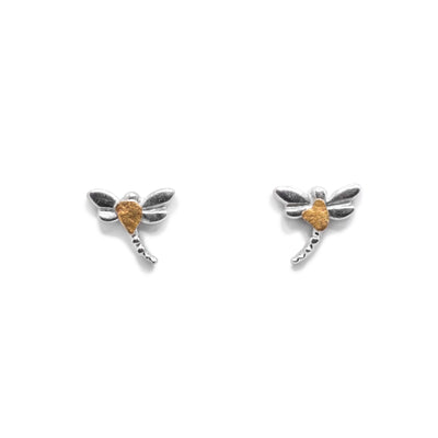 These dragonfly earrings are studs and are made of sterling silver. The studs are very small and are shaped like a dragonfly. There are impression on the surface detailing the bug. In the center of the piece, there is a 22K gold nugget.