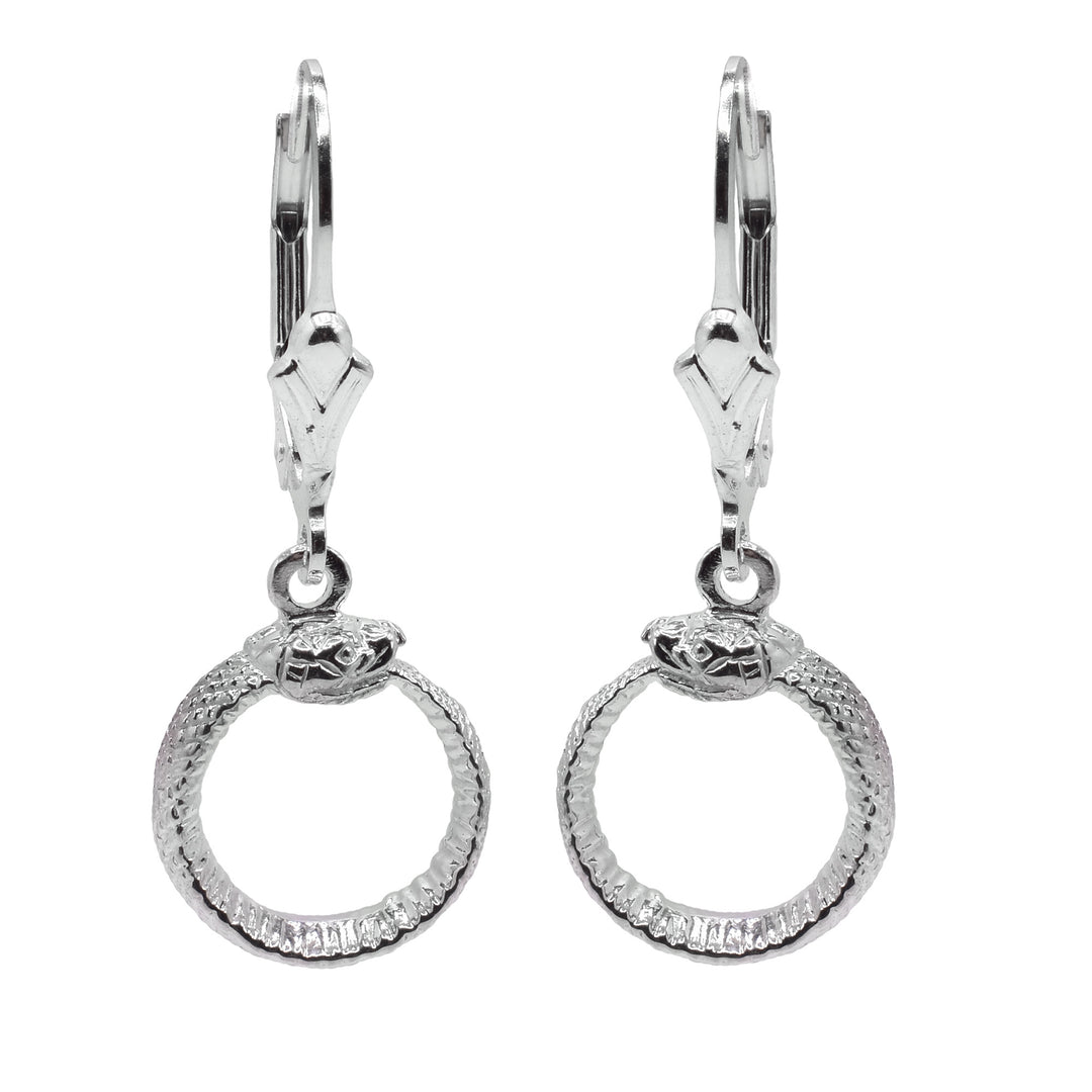 These Ouroboros earrings have circle hoop hangs dangling from lever back hooks. The hoops are shaped like snakes with their tail curled up into their mouth. There are scales and details like the eyes and mouth carved into the hangs. 