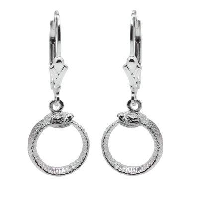 These Ouroboros earrings have circle hoop hangs dangling from lever back hooks. The hoops are shaped like snakes with their tail curled up into their mouth. There are scales and details like the eyes and mouth carved into the hangs. 