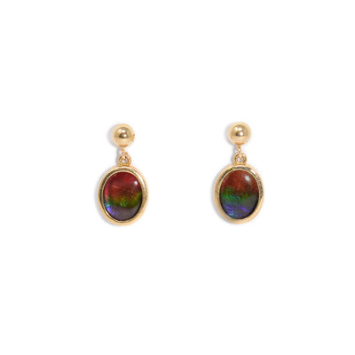 These ammolite earrings are oval in shape and include the colours red, light green, yellow, purple, and light blue from top to bottom.