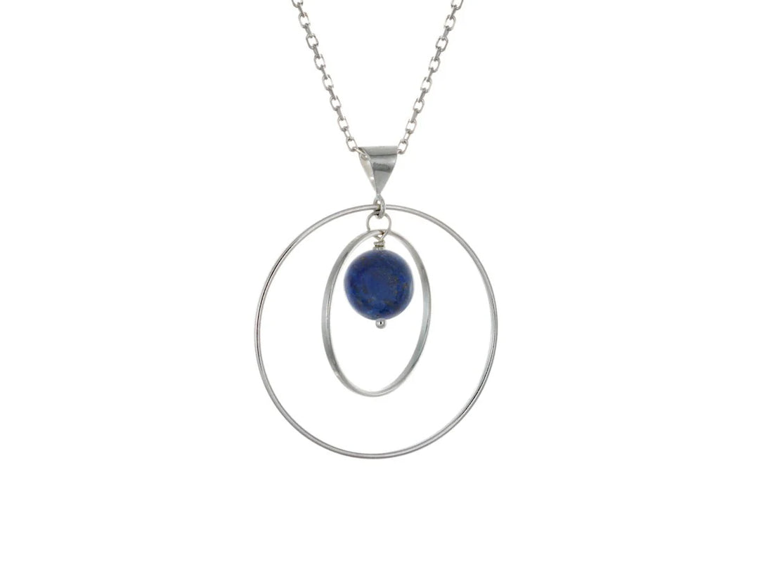 This lapis lazuli necklace has a large sterling silver hoop with a smaller hoop in the middle of it and a sphere shaped lapis lazuli bead in the center of them. All of these pieces are suspended and can orbit around each other.