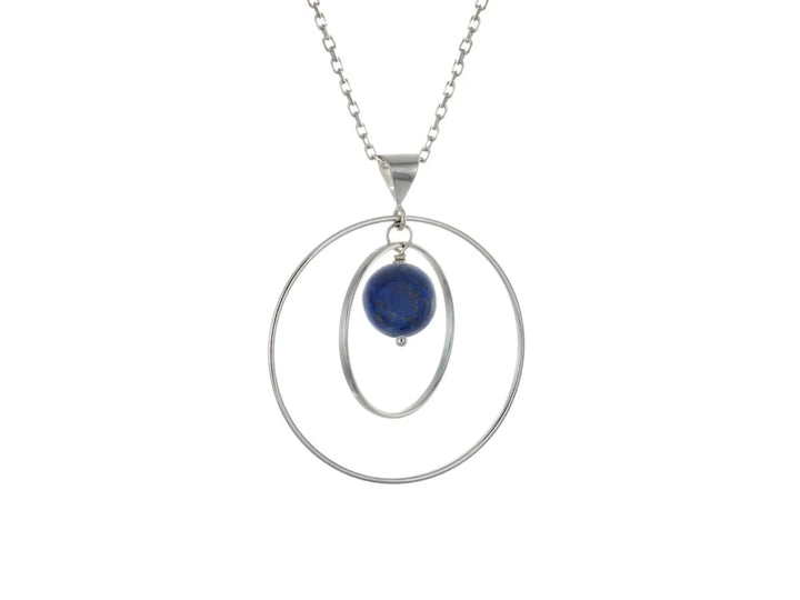 This lapis lazuli necklace has a large sterling silver hoop with a smaller hoop in the middle of it and a sphere shaped lapis lazuli bead in the center of them. All of these pieces are suspended and can orbit around each other.