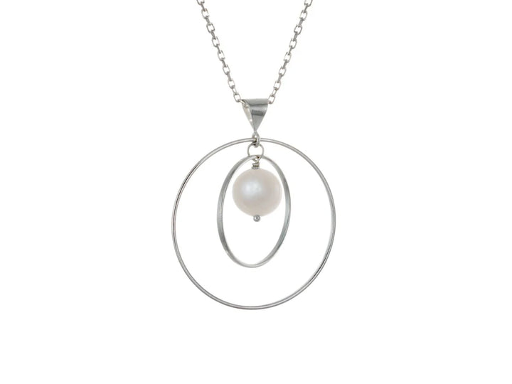 This white pearl necklace has a large sterling silver hoop with a smaller hoop in the middle of it and a sphere shaped white pearl bead in the center of them. All of these pieces are suspended and can orbit around each other.
