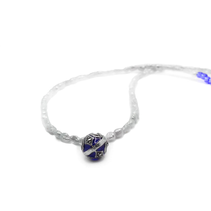 Pearl Bead Necklace with Blue Crystal Charm - Artina's Jewellery