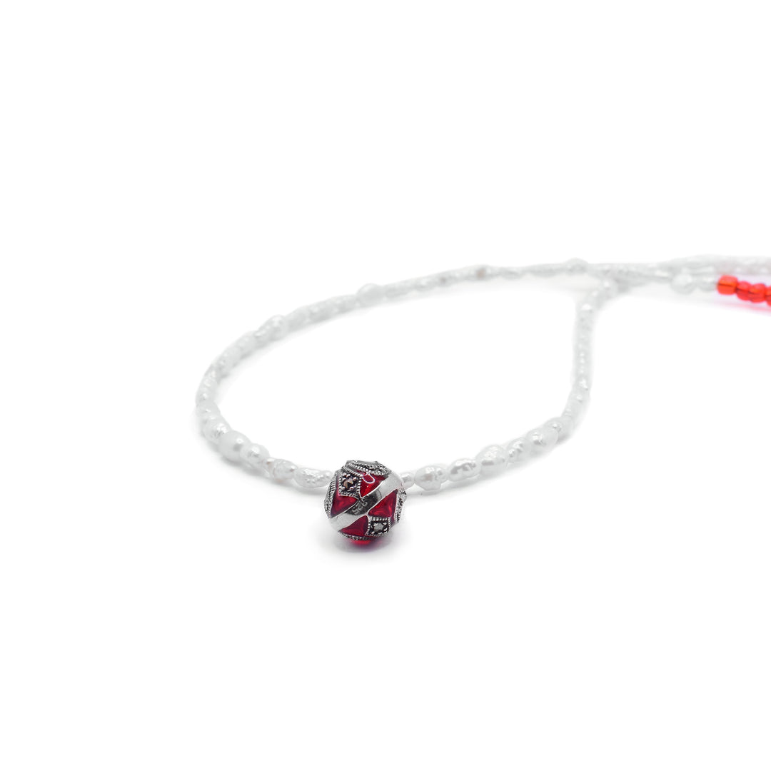 Pearl Bead Necklace with Red Crystal Charm - Artina's Jewellery