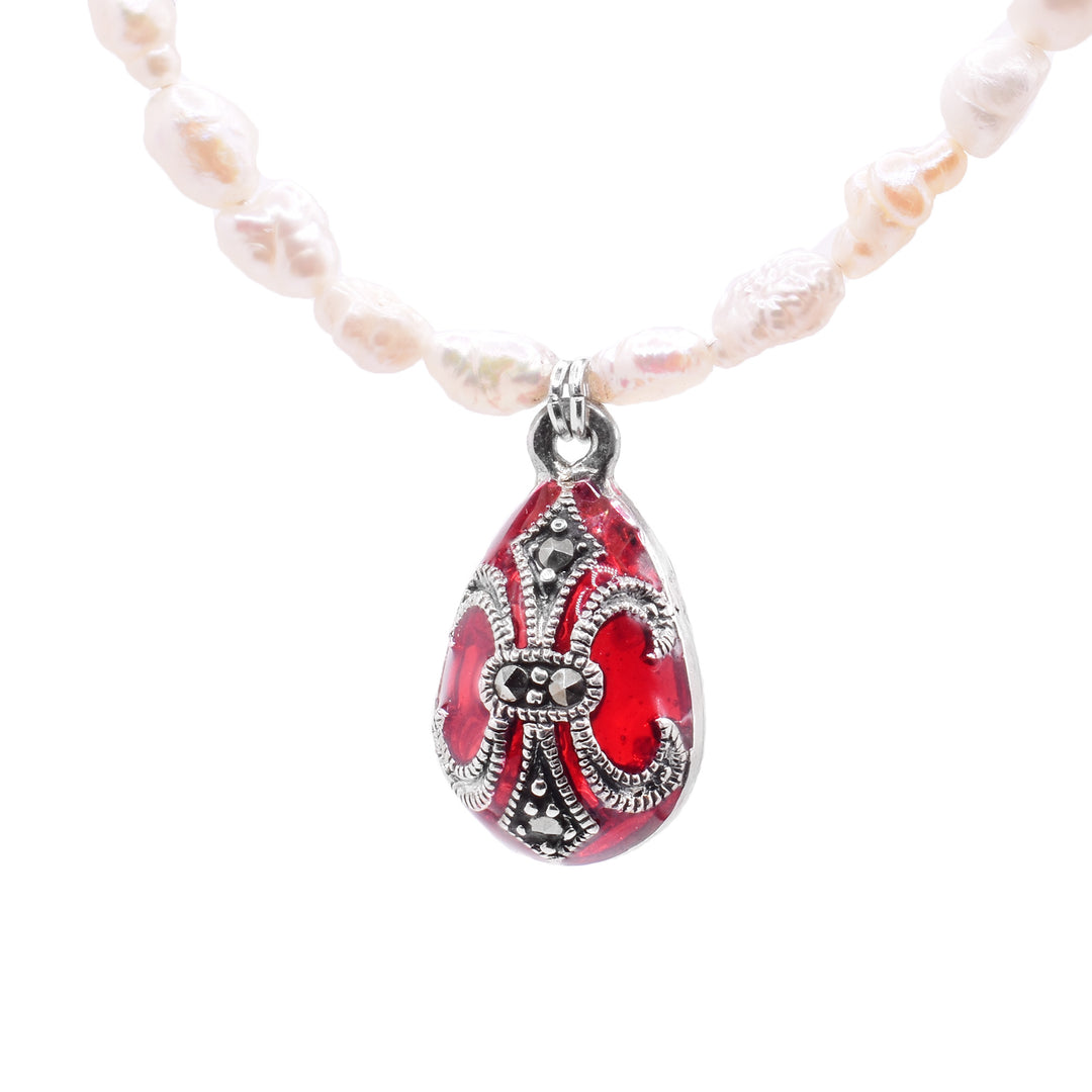 Pearl Bead Necklace with Red Crystal Charm - Artina's Jewellery