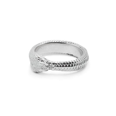 This Ouroboros ring is made from sterling silver and is shaped like a snake holding its tail in its mouth. There are scale details made across the band and its head is detailed with its mouth, nose and eyes included.