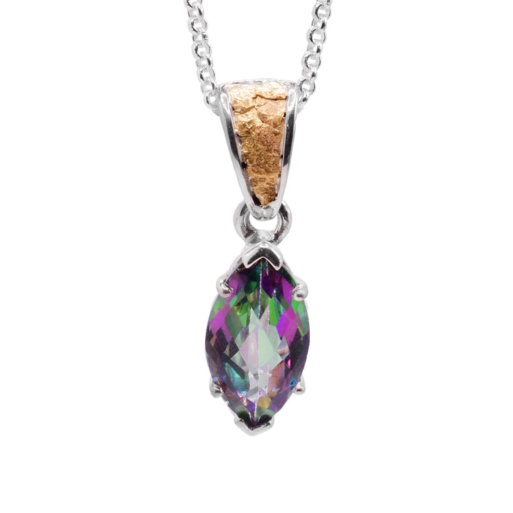This topaz pendant is marquise-cut and has the colours pink, yellow, green, blue, red, and purple. The topaz is held in place by a sterling silver claw setting. The attached bail has 22k yellow gold nuggets on the front.