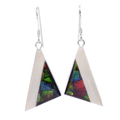 These funky dangle earrings have hangs shaped like right angle triangles and are made up of half ammolite gems and half fossilized mammoth ivory. The inside half is ammolite which is green, blue and red in color and the outside half is ivory which has a stark white color.