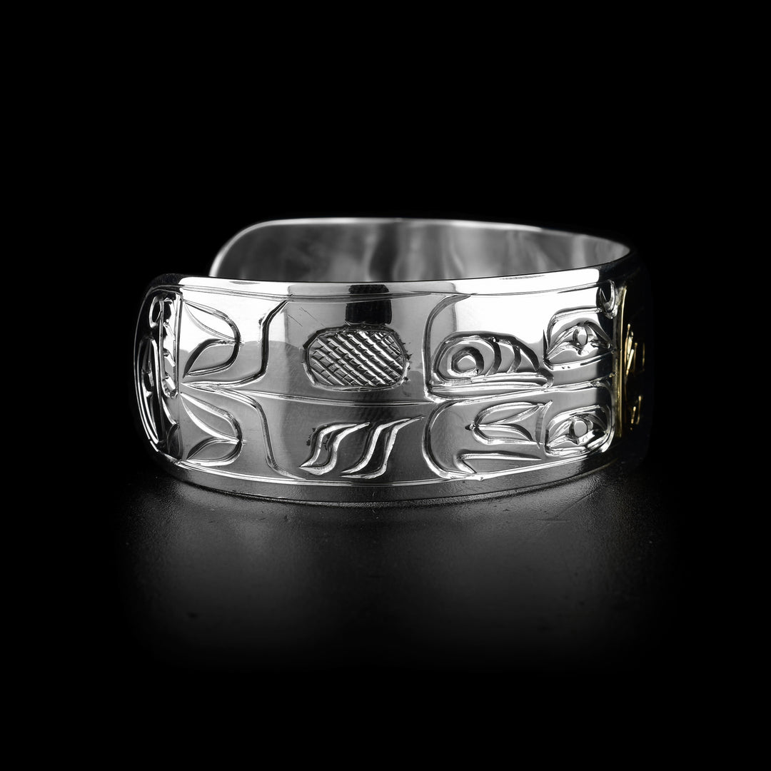 Wide 3/4" Cuff Silver and 14K Gold Bear Bracelet - Artina's Jewellery
