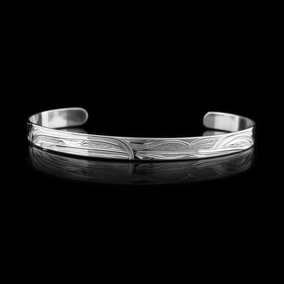 This Hummingbird and Orca bracelet has a single, sterling silver band with a gap in the back. The head of the Hummingbird is on one side of the band and the Orca's head on the other. The legends are facing each other and there is a wing design behind the hummingbird.