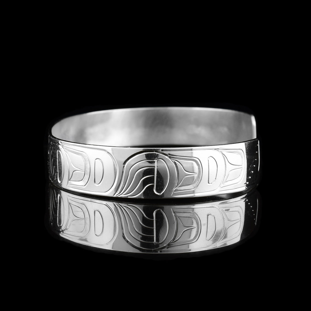 This Wolf cuff bracelet has a thin, sterling silver band with a gap in the back. The head of the Wolf is depicted at a side profile in the center of the band and there are leg designs detailed with claws on either side of the band.