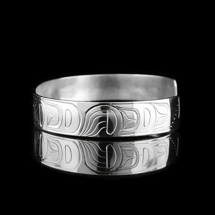 This Wolf cuff bracelet has a thin, sterling silver band with a gap in the back. The head of the Wolf is depicted at a side profile in the center of the band and there are leg designs detailed with claws on either side of the band.