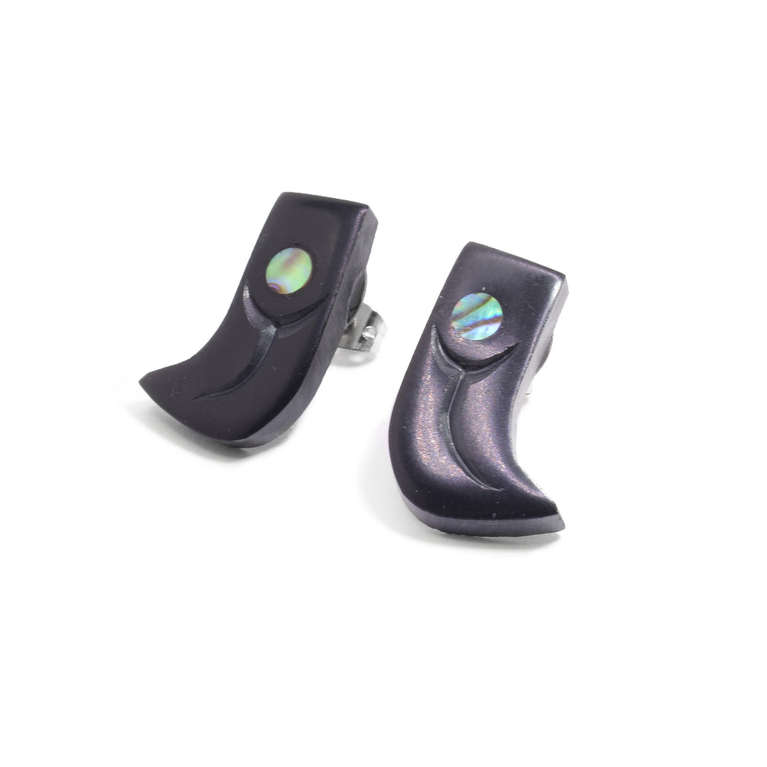 Carved Argillite Bear Claw Earrings Studs with Abalone - Artina's Jewellery