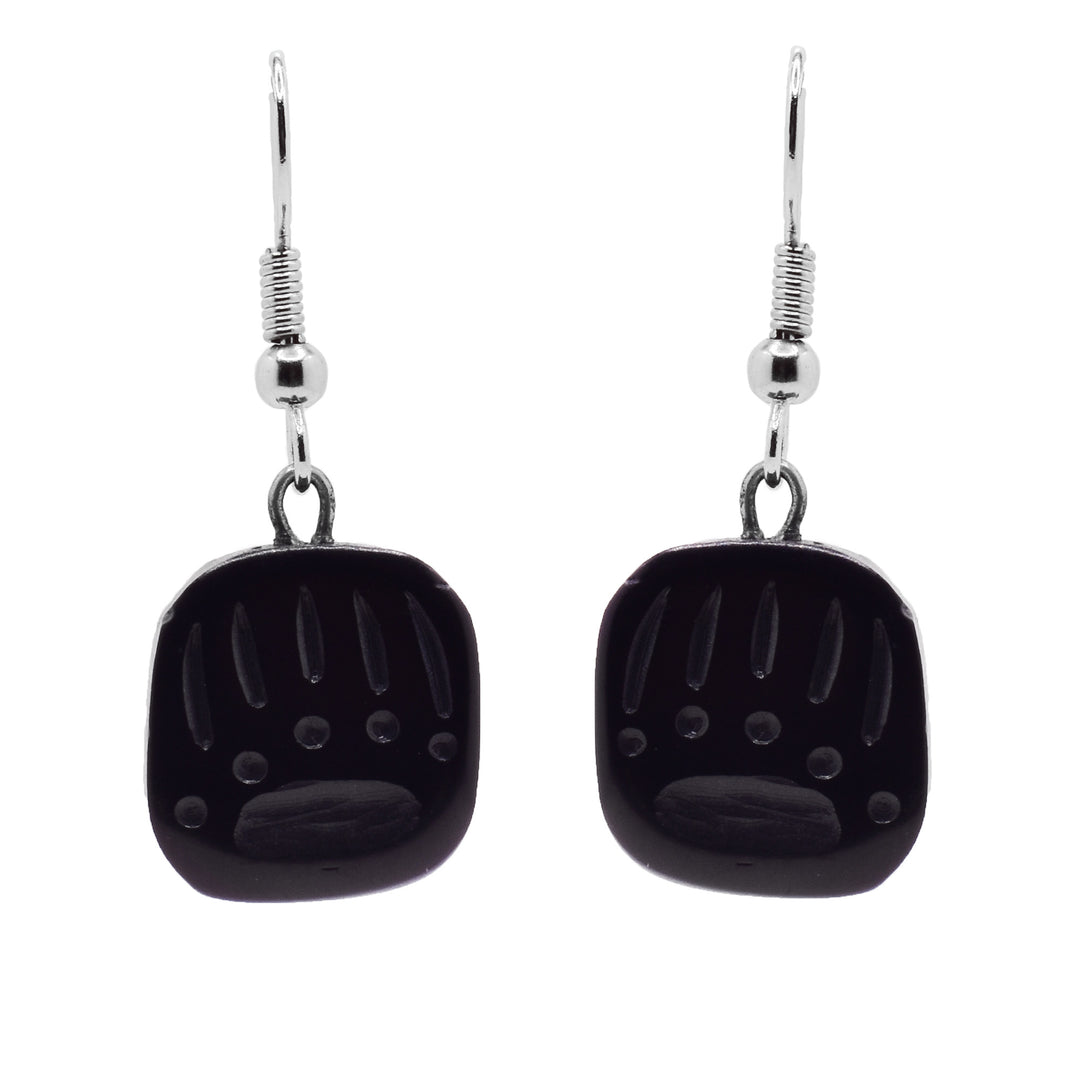 These bear paw earrings have square shaped hangs made from argillite stone. There is a bear paw symbol carved into the hangs with long claws.