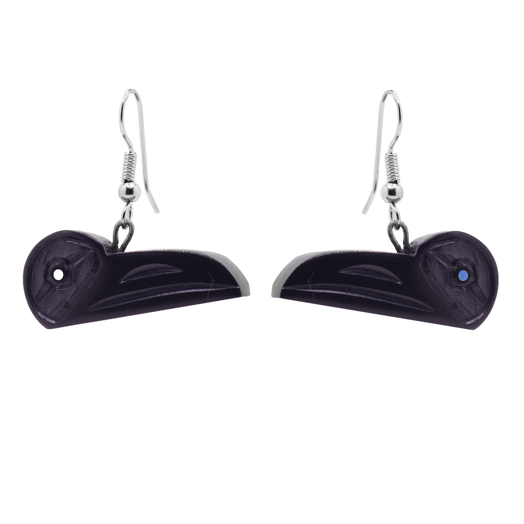 These large Hummingbird earrings have hangs carved from argillite stone and dangle from the hooks. The hangs are shaped like the head of the Hummingbird at a side profile. Its beak is long and wide and there is an abalone shell gem set in its eye.