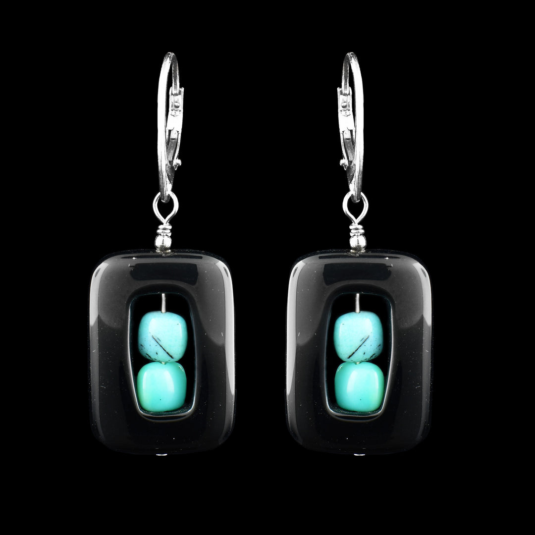Sterling Silver Black Onyx & Turquoise Rectangle Earrings - Artina's Jewellery