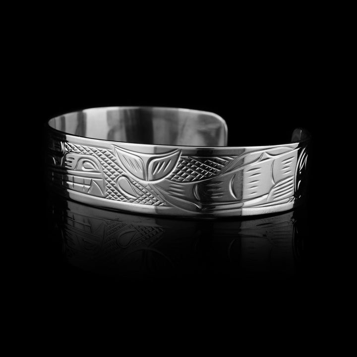 1/2" Bear Chasing Salmon Silver Bracelet