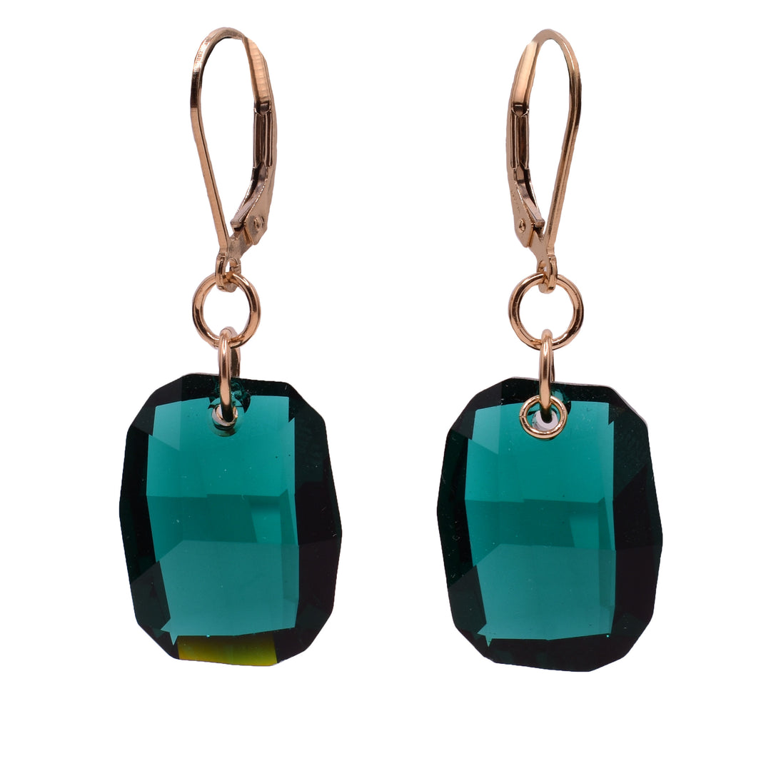 These Swarovski crystal earrings feature emerald green Swarovski crystals with 14K gold filled leverback clips.