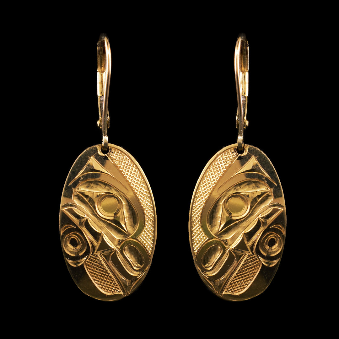14K Gold Oval Wolf Earrings