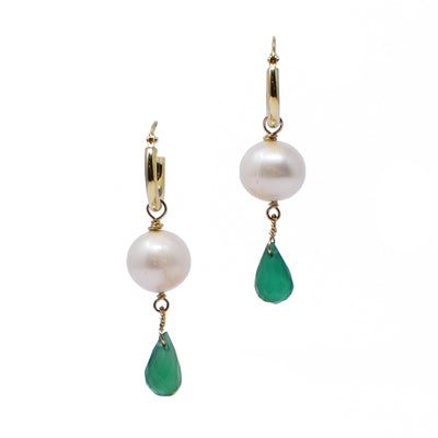 For each earring, there is a 14K gold sleeper hoop with a detachable white freshwater pearl dangling below. A faceted, teardrop green onyx hangs below the pearl.