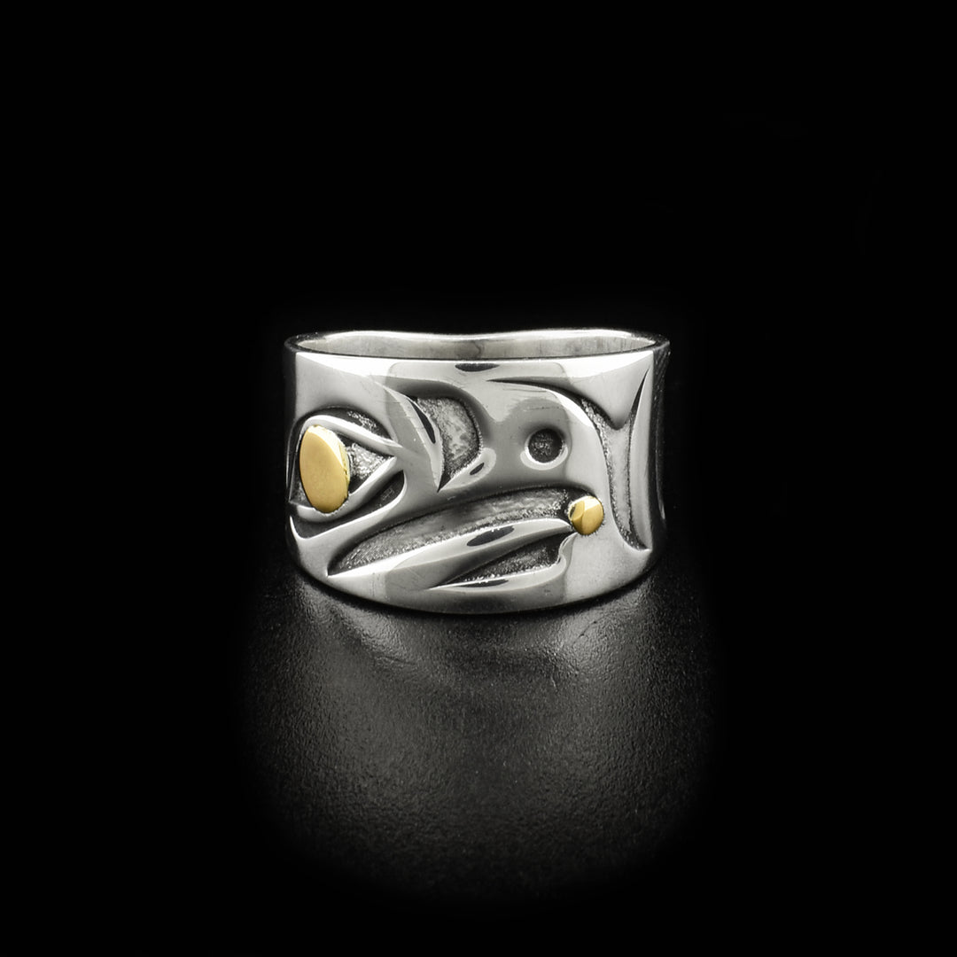14K Gold and Sterling Silver Raven ring: Front of ring depicts side-view of raven’s head facing left. The pupils and the ball in the beak are made of 14K gold. Rest of ring is sterling silver, oxidized in areas to give the design more depth. Size 11 ring design has smaller gold ball.