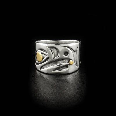 Front of ring depicts side-view of raven’s head facing left. The pupils and the ball in the beak are made of 14K gold. Rest of ring is sterling silver, oxidized in areas to give the design more depth. Size 11 ring design has smaller gold ball.