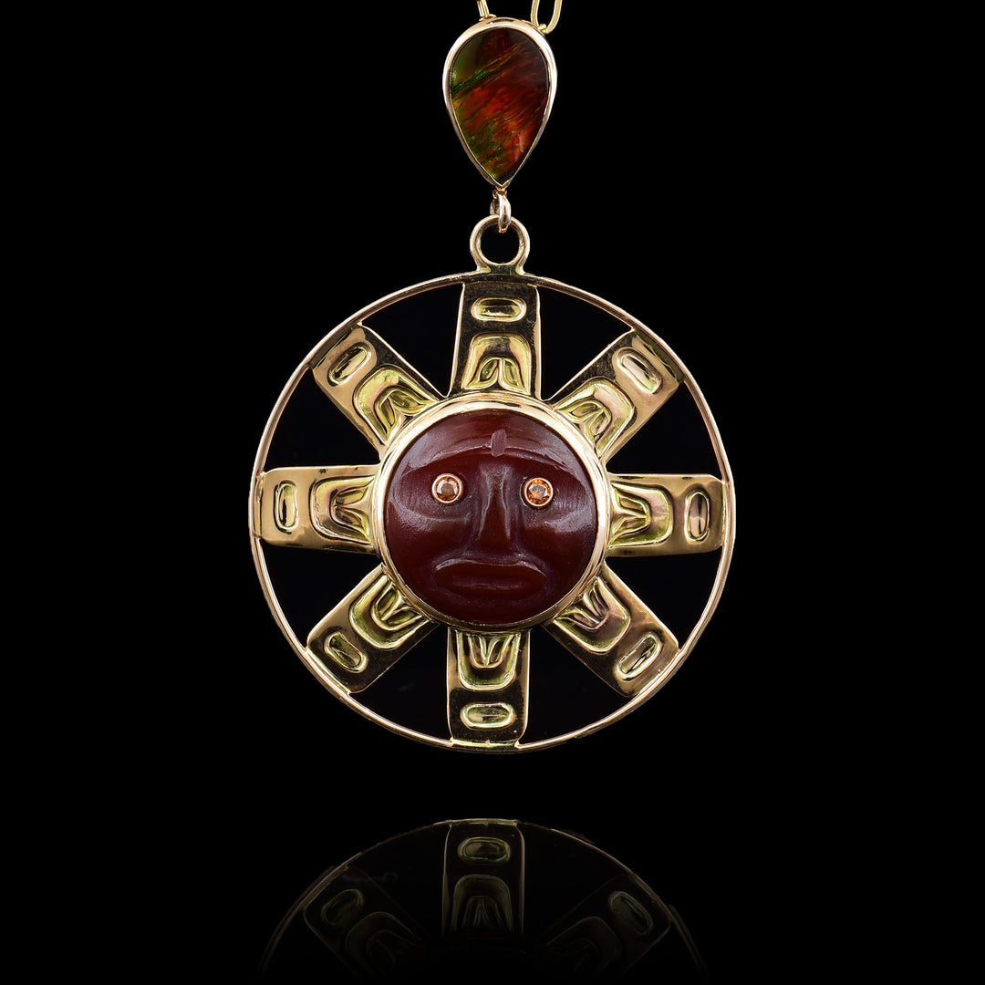 14K Gold Sun Ammolite Pendant with diamonds for eyes.