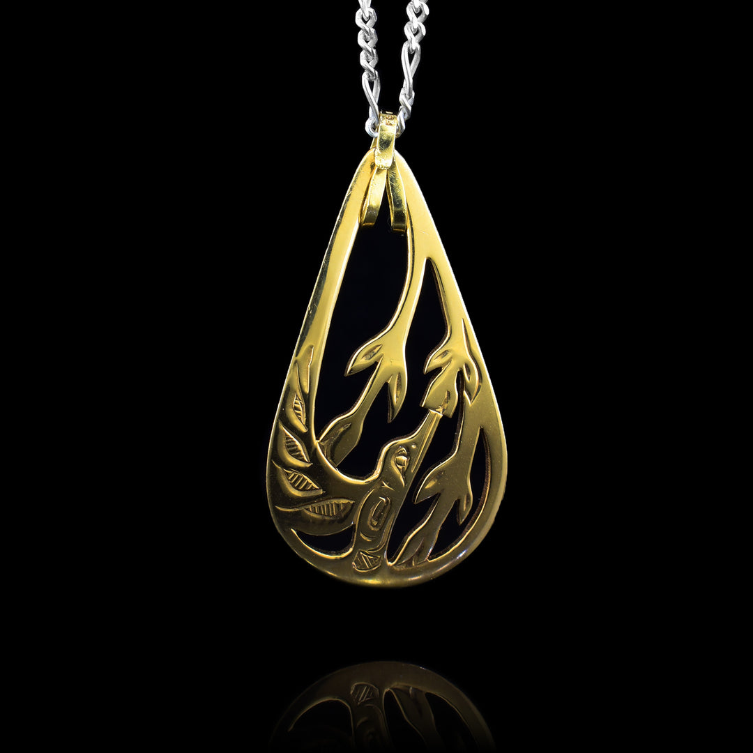 14K Gold Teardrop Hummingbird Pendant, hand crafted and cut into the legend of the hummingbird.