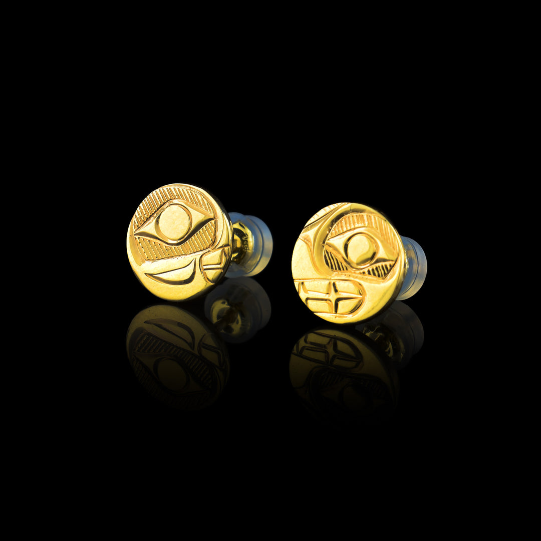14k Gold Circular Bear Stud Earrings