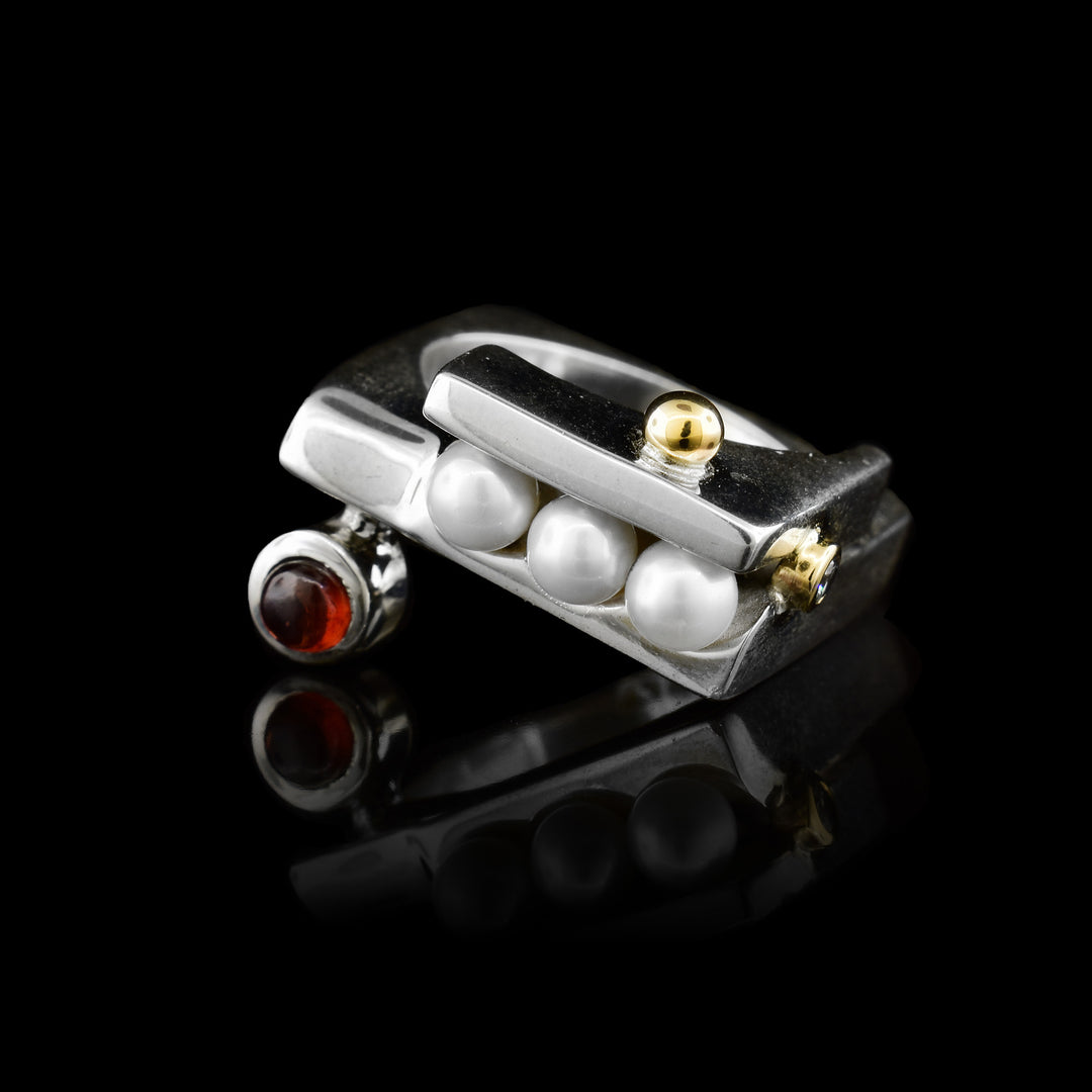 14k Gold Screws Sterling Silver Red Garnet and Pearls Ring
