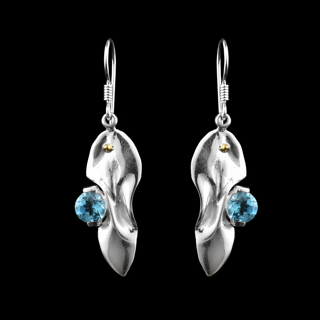 14k Gold and Sterling Silver Dangle Earrings with Blue Topaz