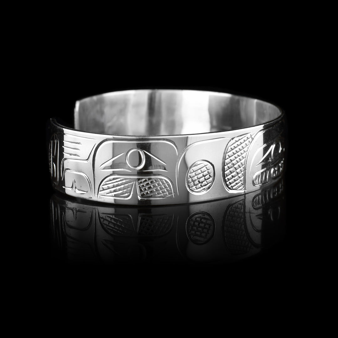 1/2"  Sterling Silver Orca and Salmon Bracelet Cuff - Artina's Jewellery