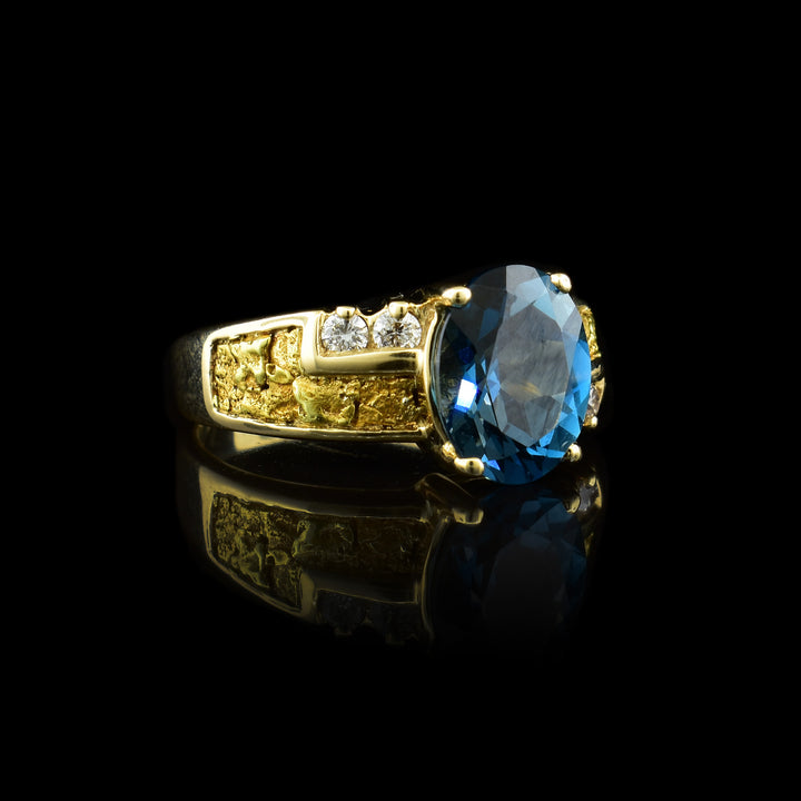 Blue Topaz and Gold Nugget Ring with Diamond Accent