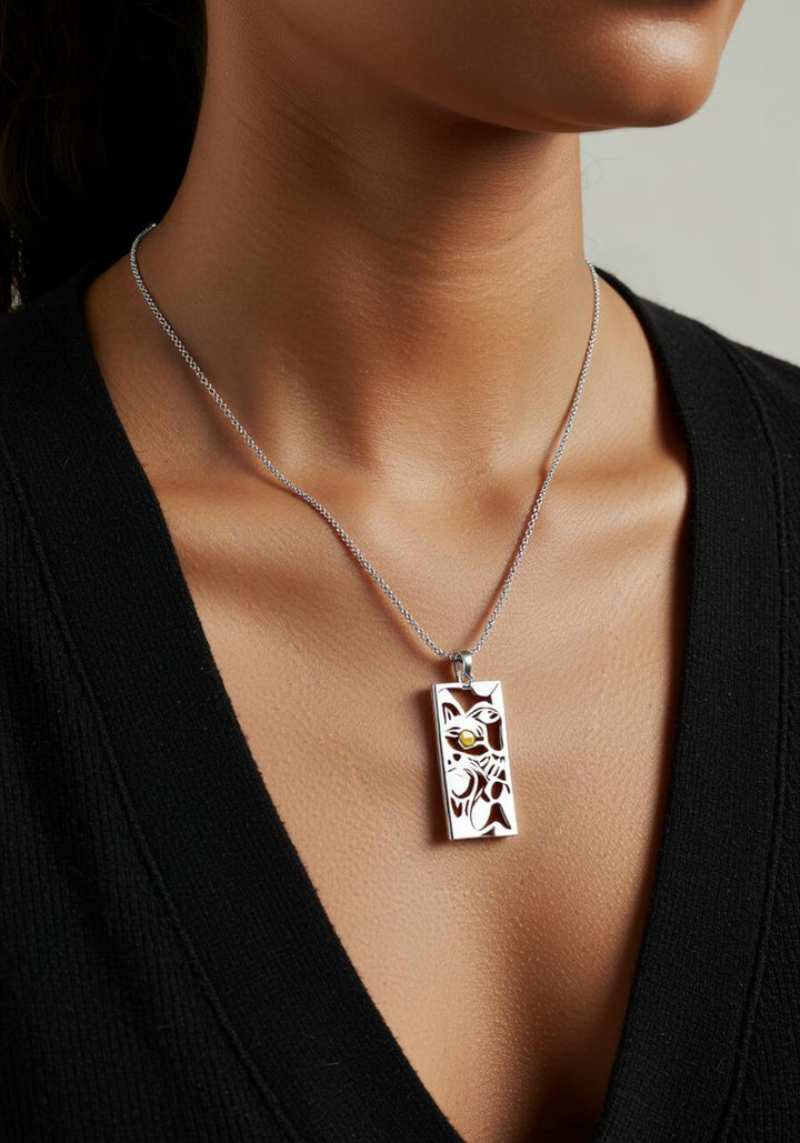 Silver, Gold Wolf and Moon Pendant