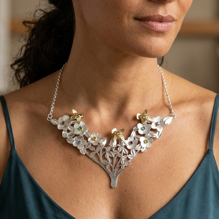 Sterling Silver and 14k Gold Hummingbirds Garden of Gems Necklace