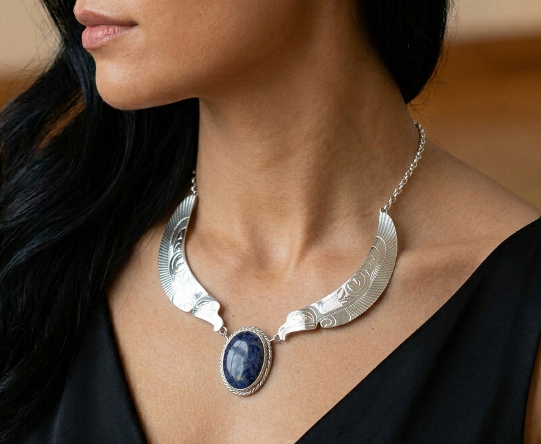 Sterling Silver Double Eagle Wing Necklace with Lapis Lazuil
