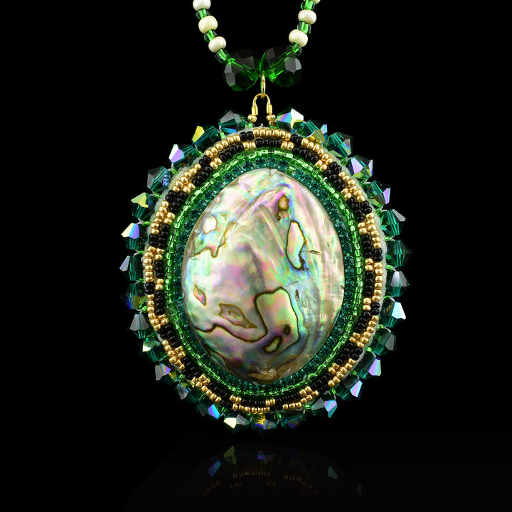 Green and Gold Beaded Necklace with Abalone