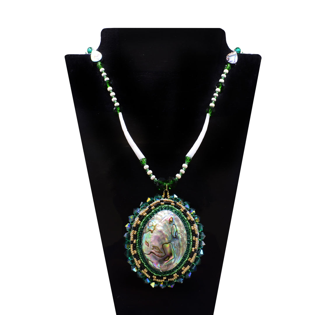 Green and Gold Beaded Necklace with Abalone