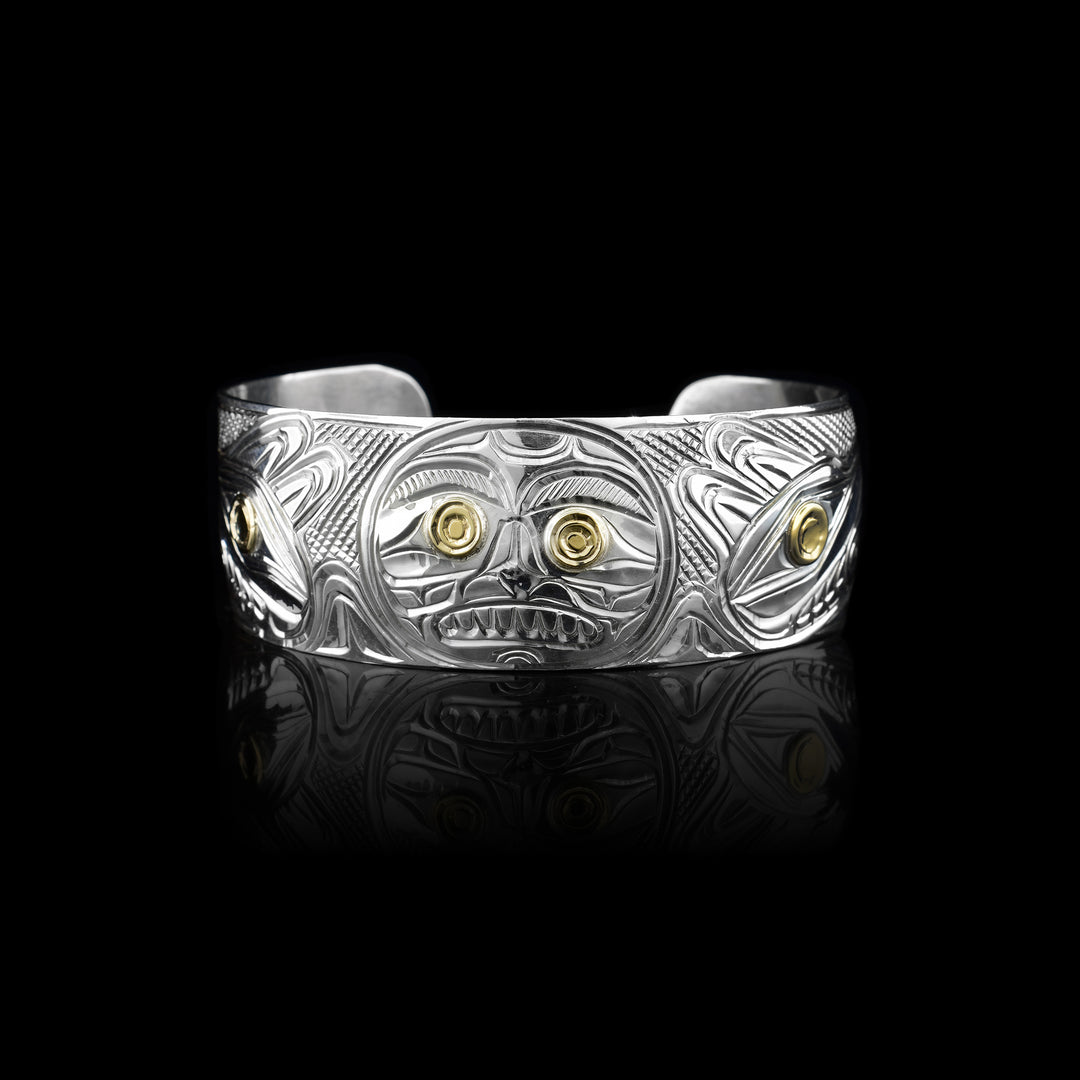1" Sterling Silver Double Wolf and Moon Bracelet