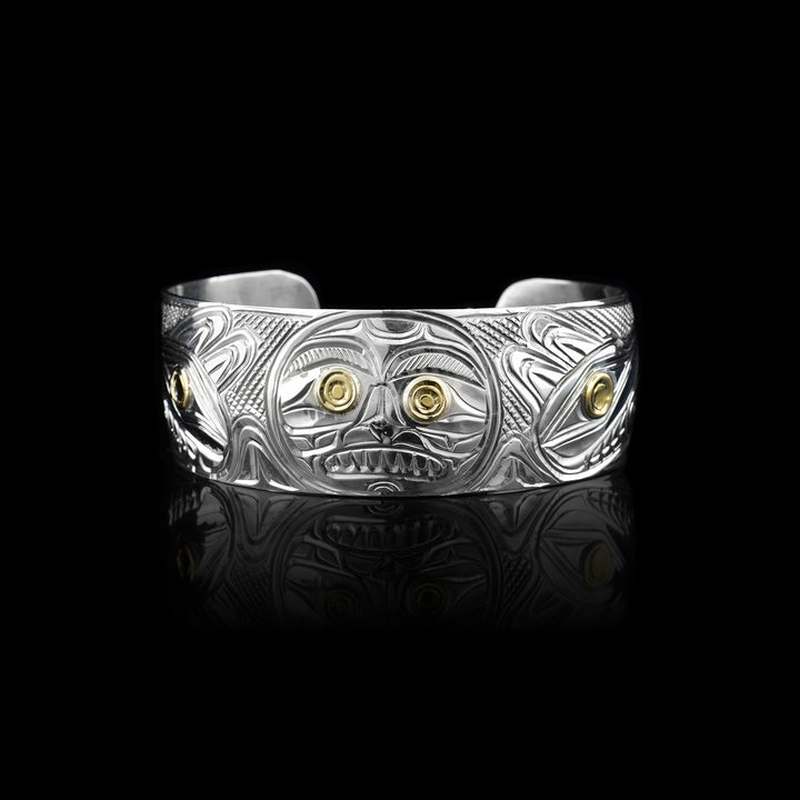 1" Sterling Silver Double Wolf and Moon Bracelet