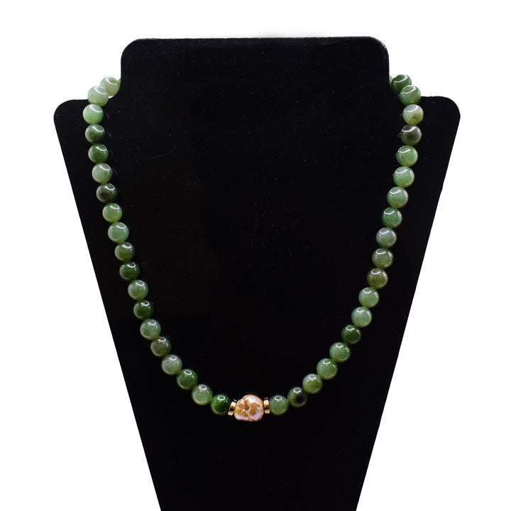 BC Jade 8mm Beaded Necklace with a Baroque Pearl Center