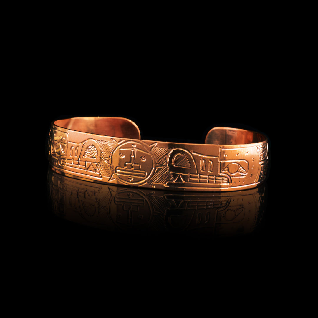 1/2" Copper Double Wolf Sun Cuff, two wolves look into the sun legend in the middle of this copper bracelet cuff.