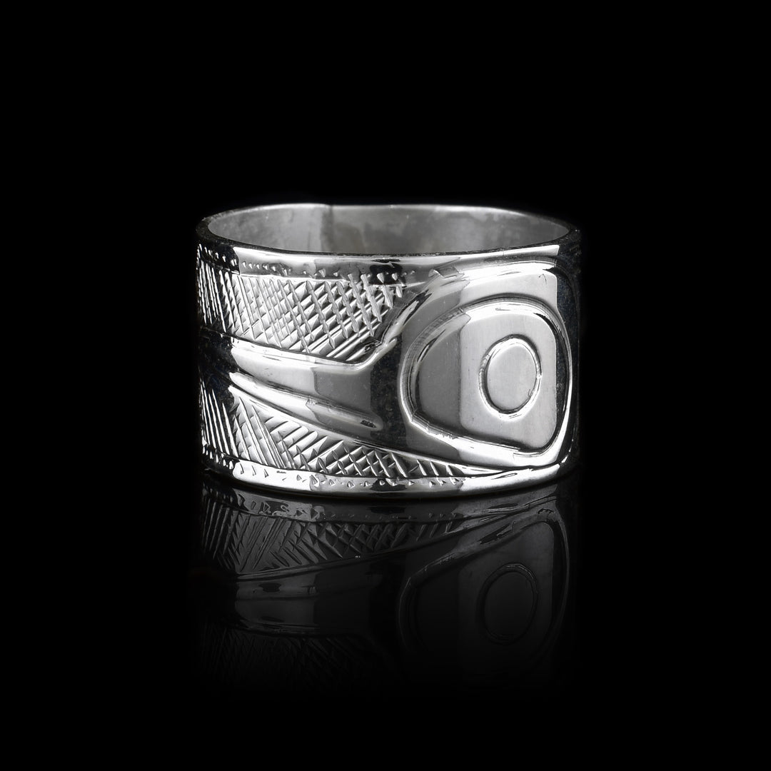 1/2" hand carved Hummingbird legend on  sterling silver band ring 