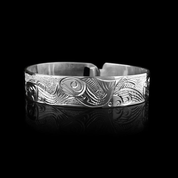 1/2" Sterling Silver Salmon and Orca Cuff Bracelet. 