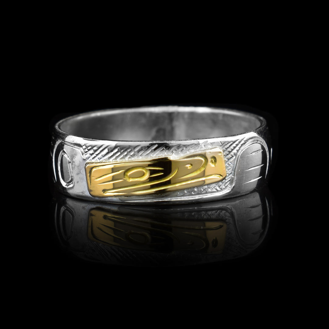 1/4" wide made with sterling Silver & 14k Gold the Eagle's head is made with the 14k gold and the rest of the Band is made with sterling silver with delicate carvings.