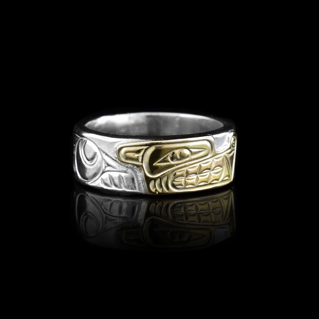 1/4" Sterling Silver and 14k Gold Wolf Ring